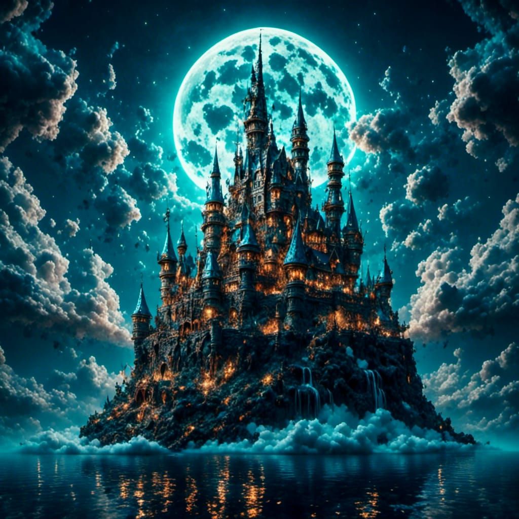 Fairytale Castle Floating in Sky Under Full Moon