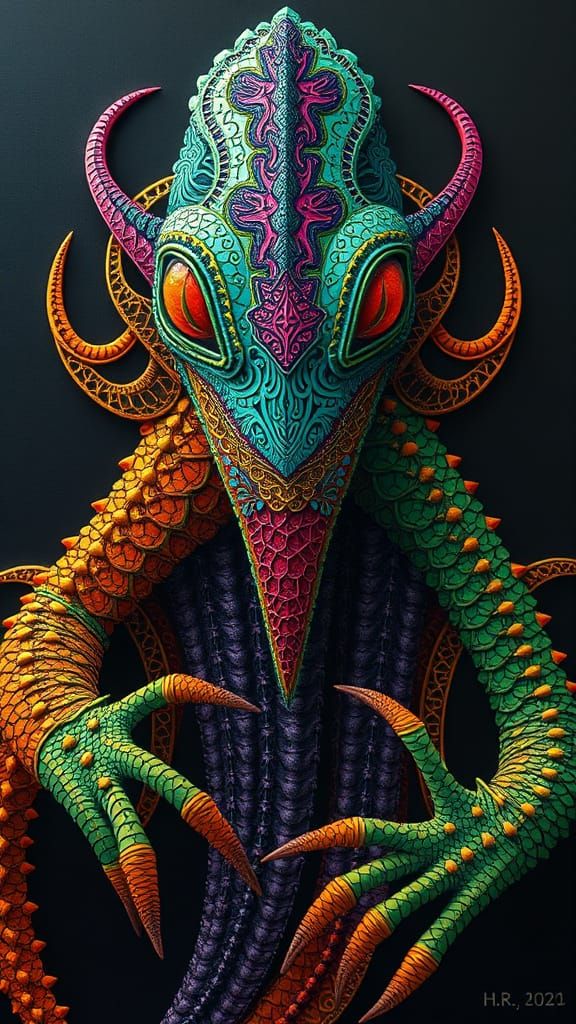 Lizardfolk Druid Pragmatic H.R. Giger color graded complementary colors split-complementary colors orange and teal green...