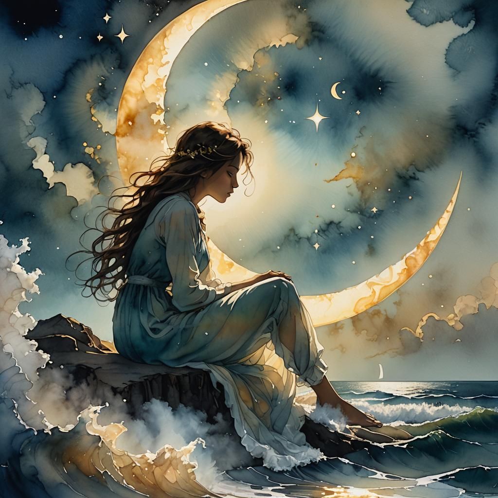 Girl on Crescent Moon in Ethereal Light