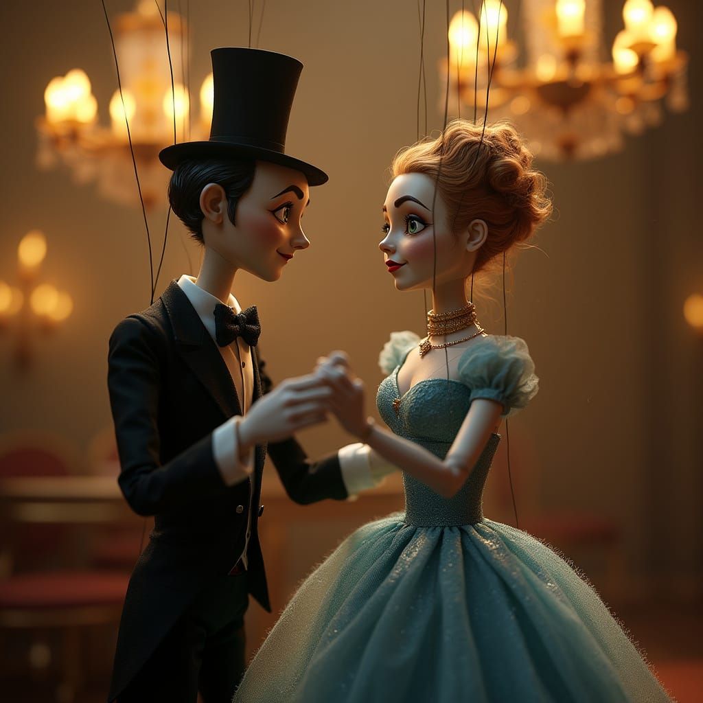 Antique Marionettes Waltz in Opulent Ballroom 3D Render