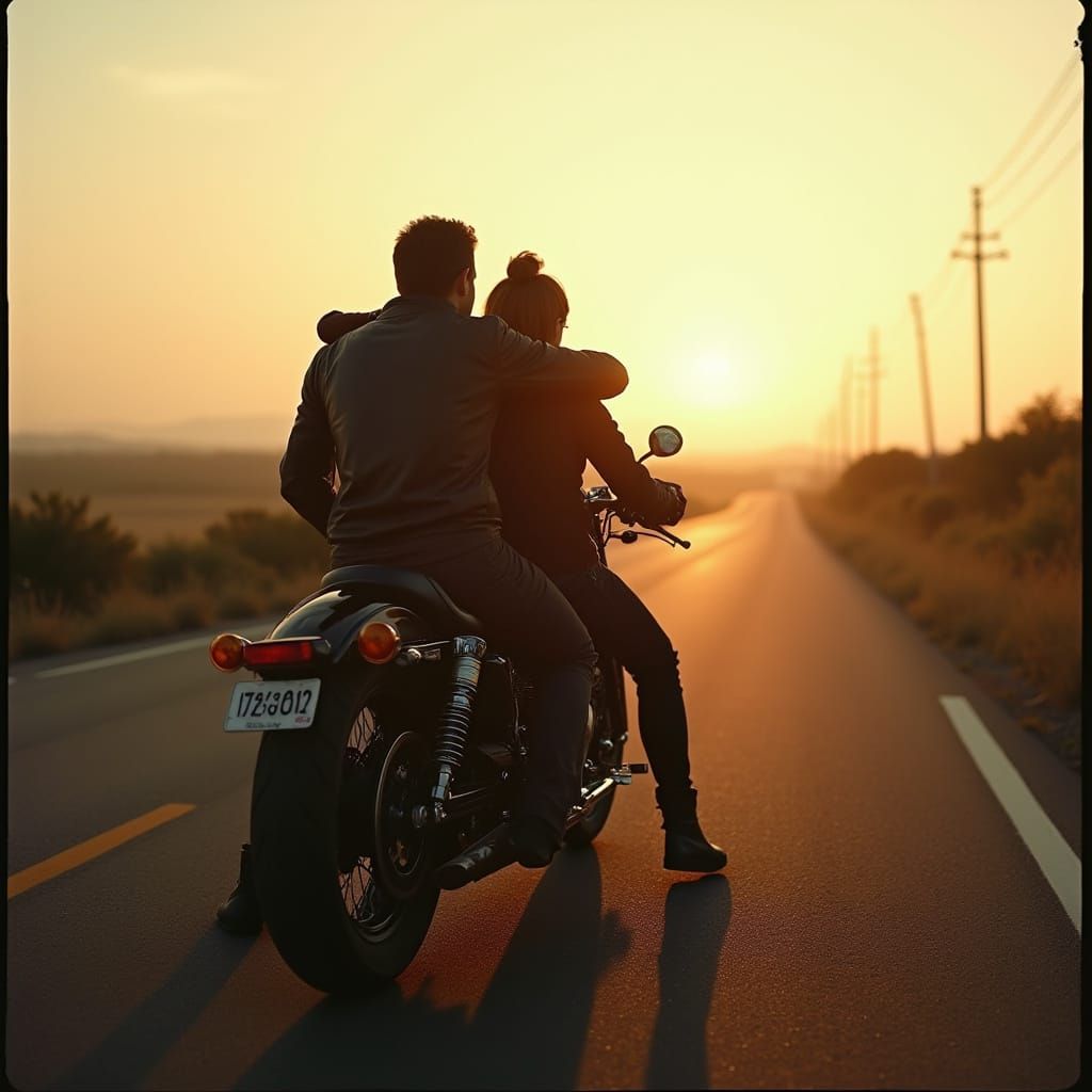 Biker Couple Embracing on Open Road
