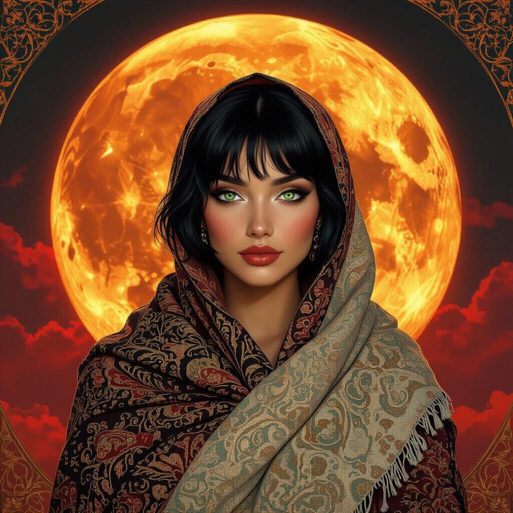 Latina Beauty Under Red Moon: Klimt-Inspired Art