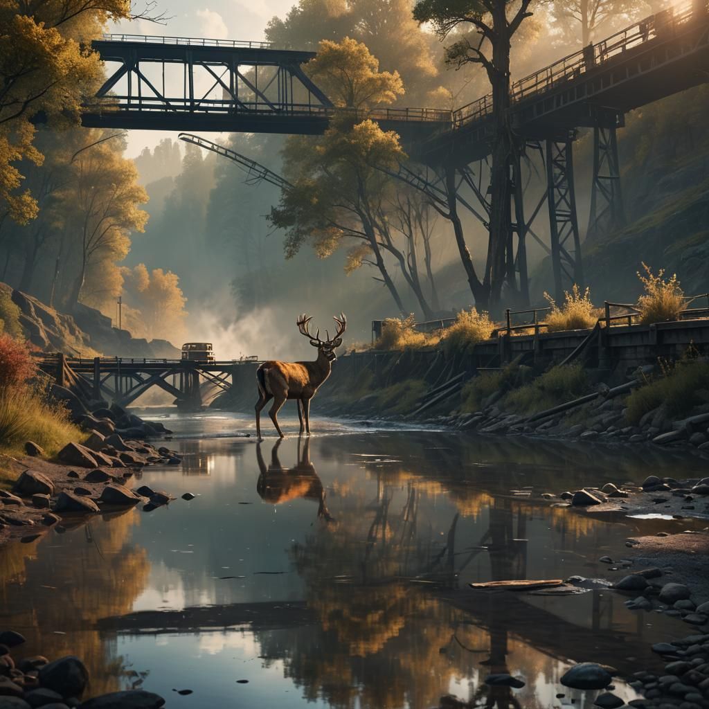 Deer at River with Train Bridge: Fantasy Art