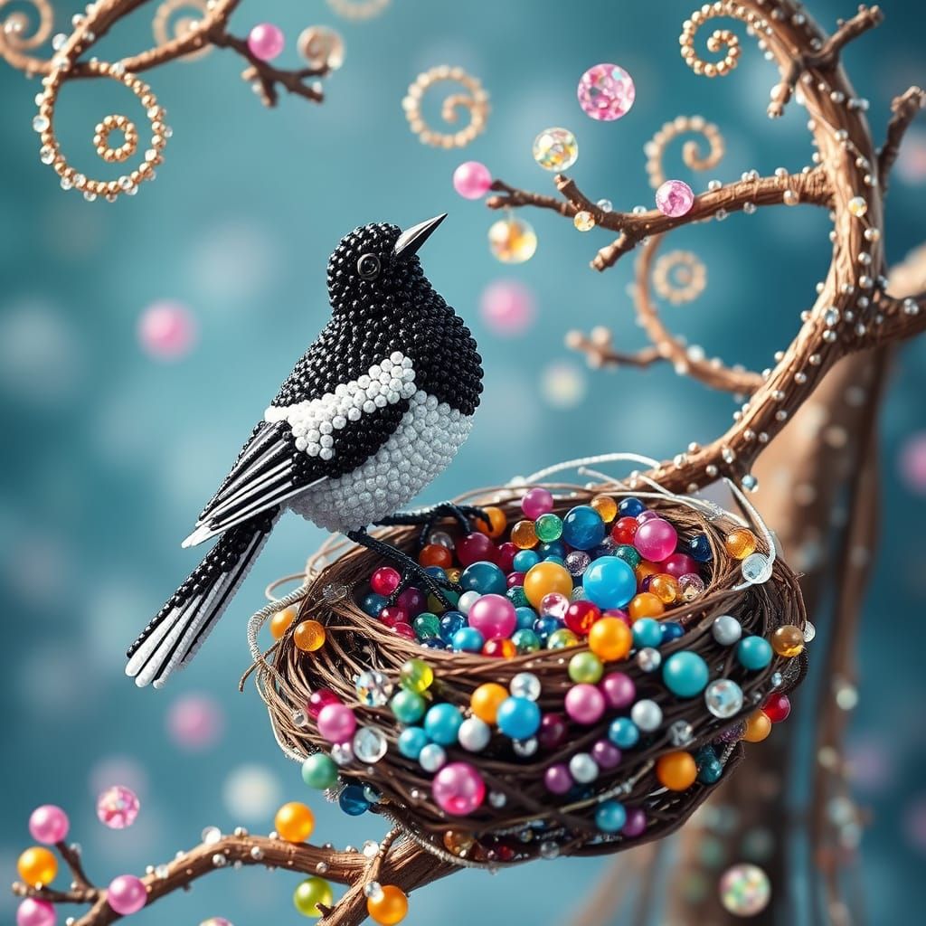 Beaded 3D Magpie on Beaded Branch with Sparkling Nest