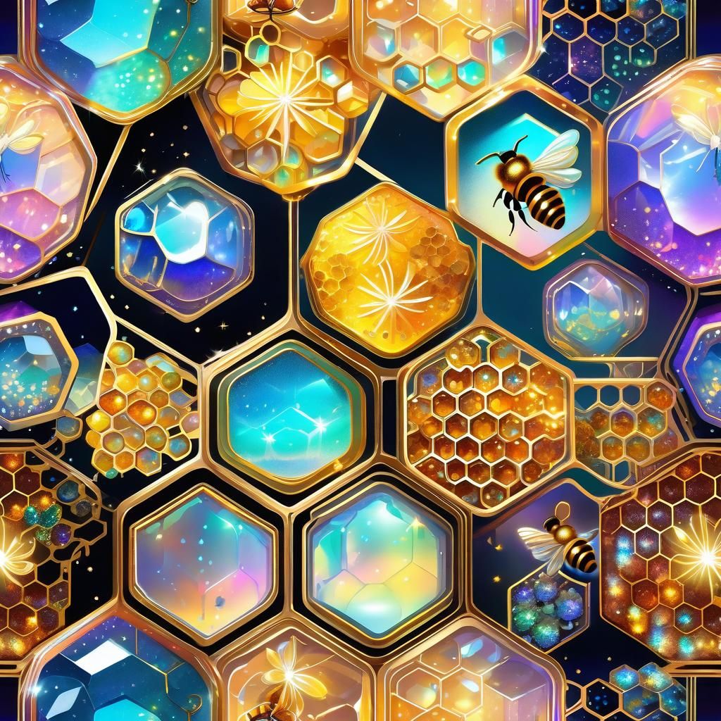 Holographic Honeycomb with Crystalline Bees in Watercolor St...