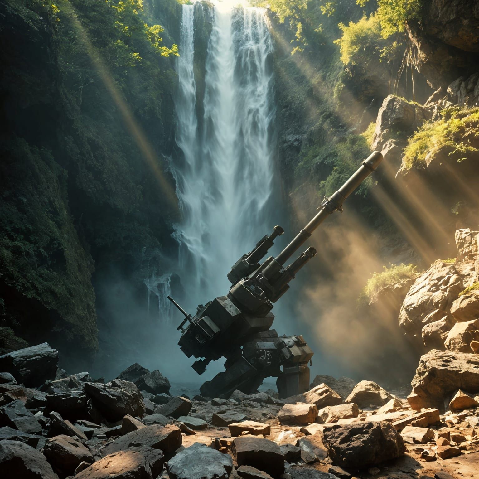Overgrown Armored Core Mech in Waterfall Landscape