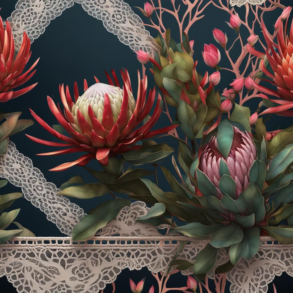 Protea Flower with Lace in Detailed Matte Painting