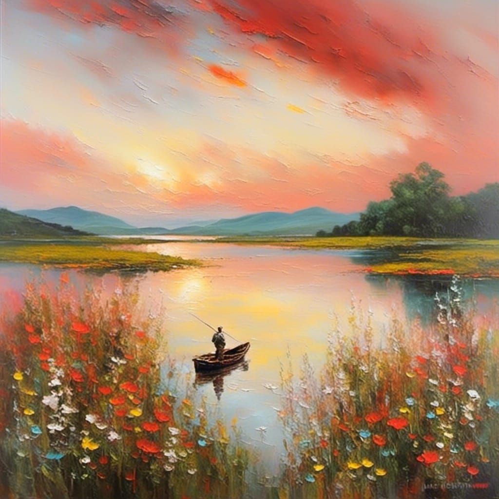 Idyllic Sunset Landscape with Fisherman, Impasto Oil