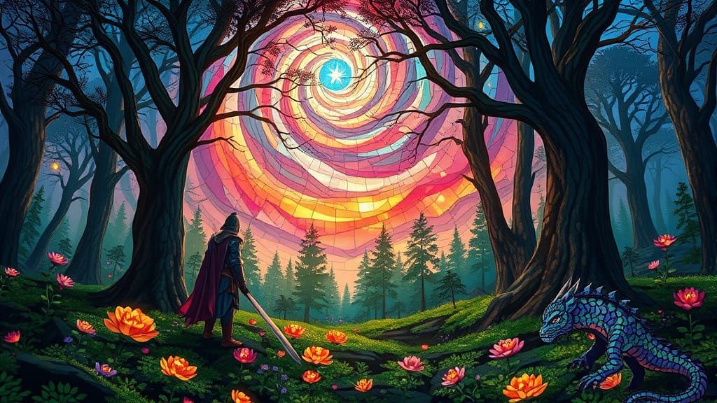 Warrior Stares at Flowers in Stained Glass Forest