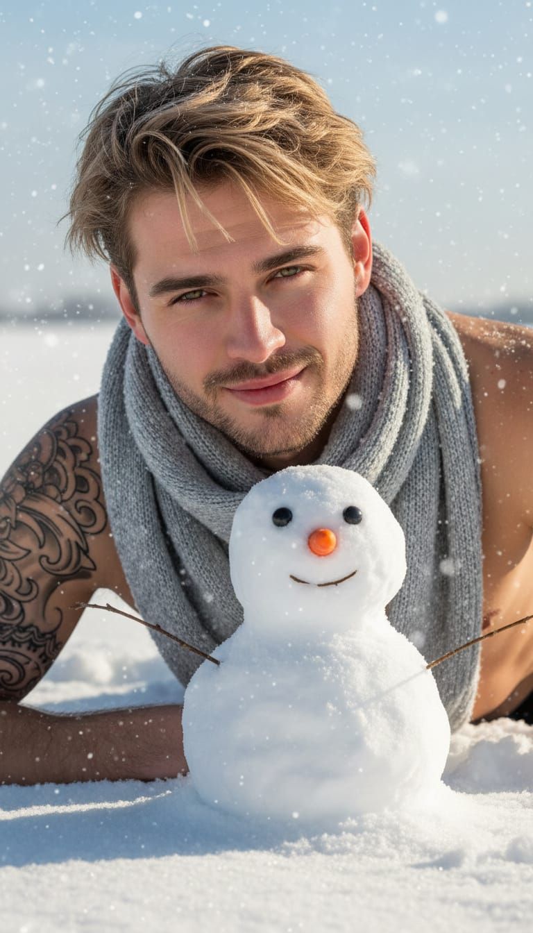 Young Man and Snowman Portrait in Winter Sunlight