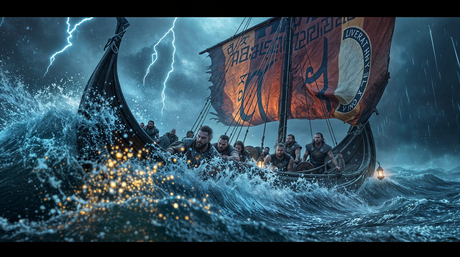Viking Ship in Turbulent Stormy Seas