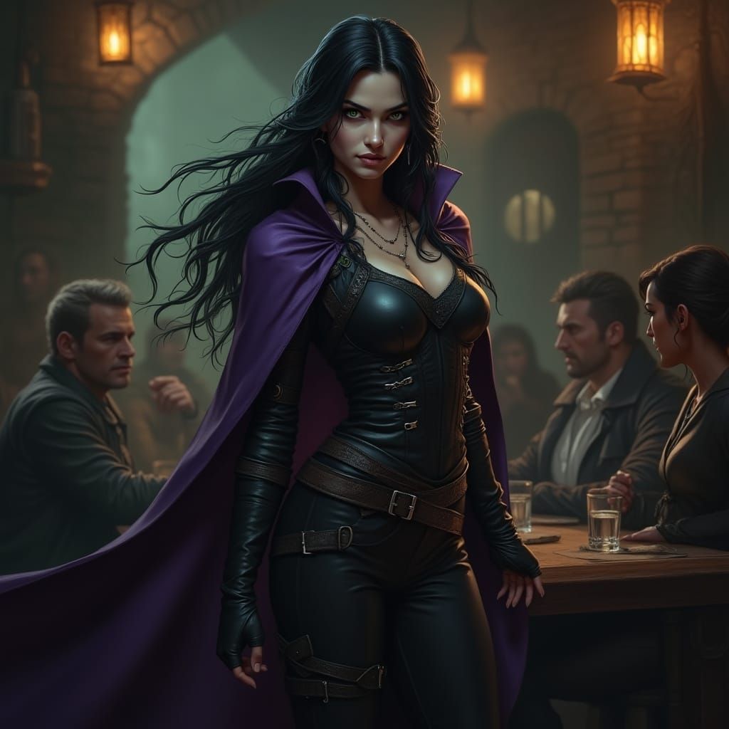 Ethereal Elf Rogue Posed in a Dimly Lit Tavern