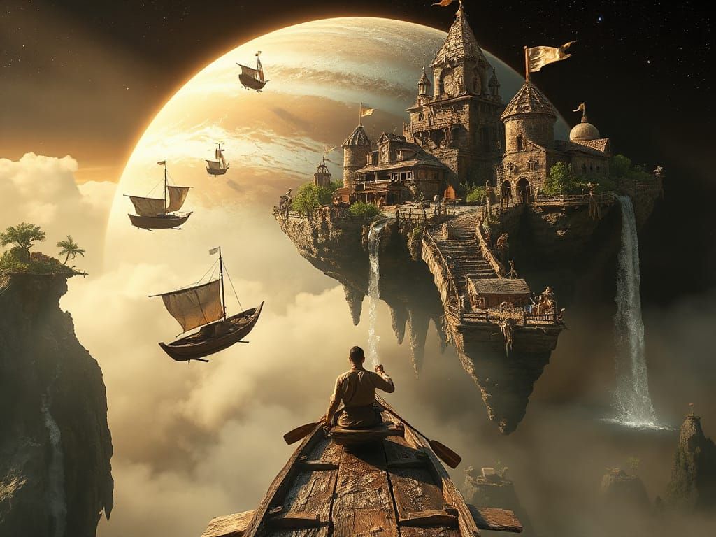 Man Navigates Wooden Boat to Floating City Above Jupiter