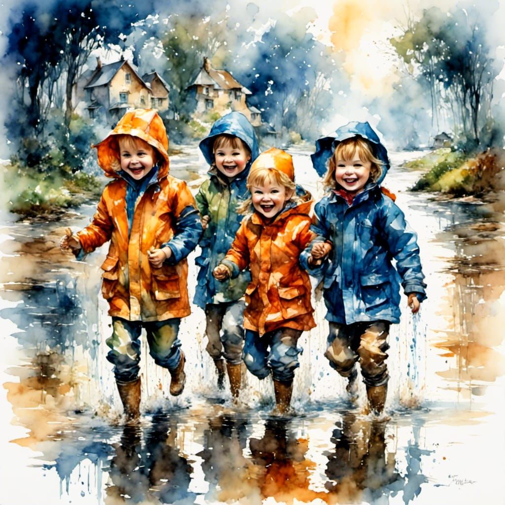 Toddlers' Rainy Day Puddle Play in Watercolor Style