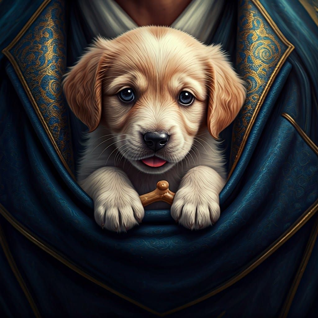 Charismatic Puppy Peeks from Coat Pocket, Surrounded by Swir...