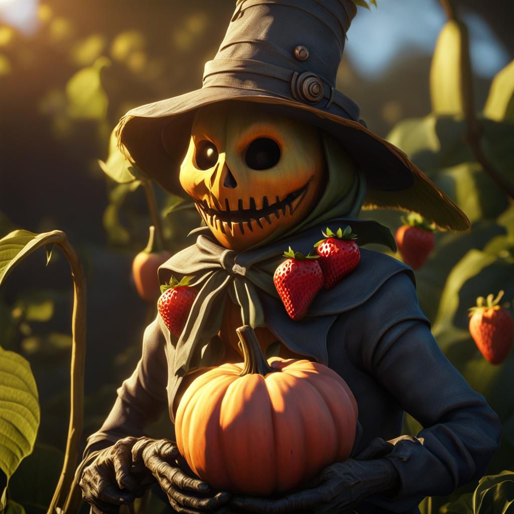 Banana Scarecrow Eats Strawberry Mummy: 3D Render