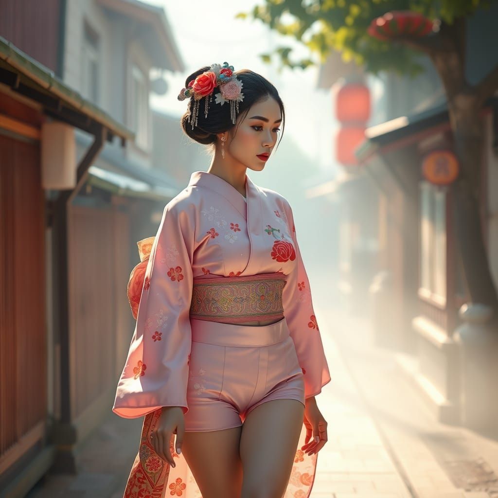 Geisha in Modern Fashion with Metallic Accents