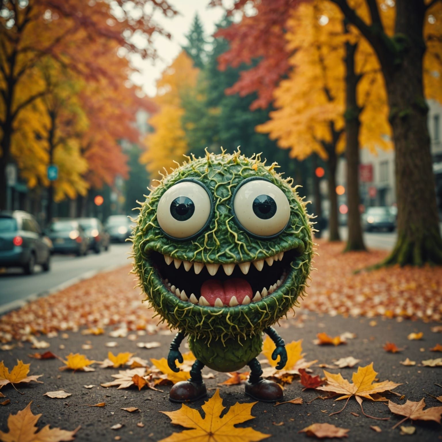 Happy Microbe Character in Autumn Cinematic Style