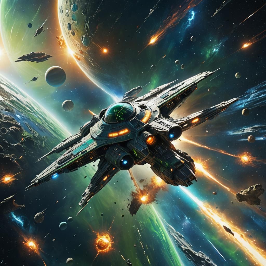 Spaceship Emerges from Hyperspace in Hyperrealistic Style