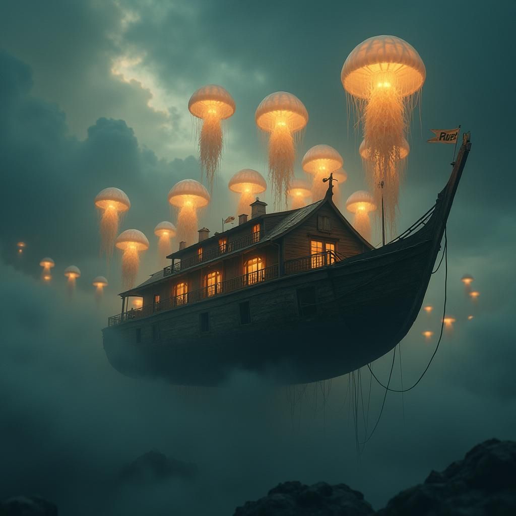 Ethereal Houseboat in Clouds with Bioluminescent Jellyfish