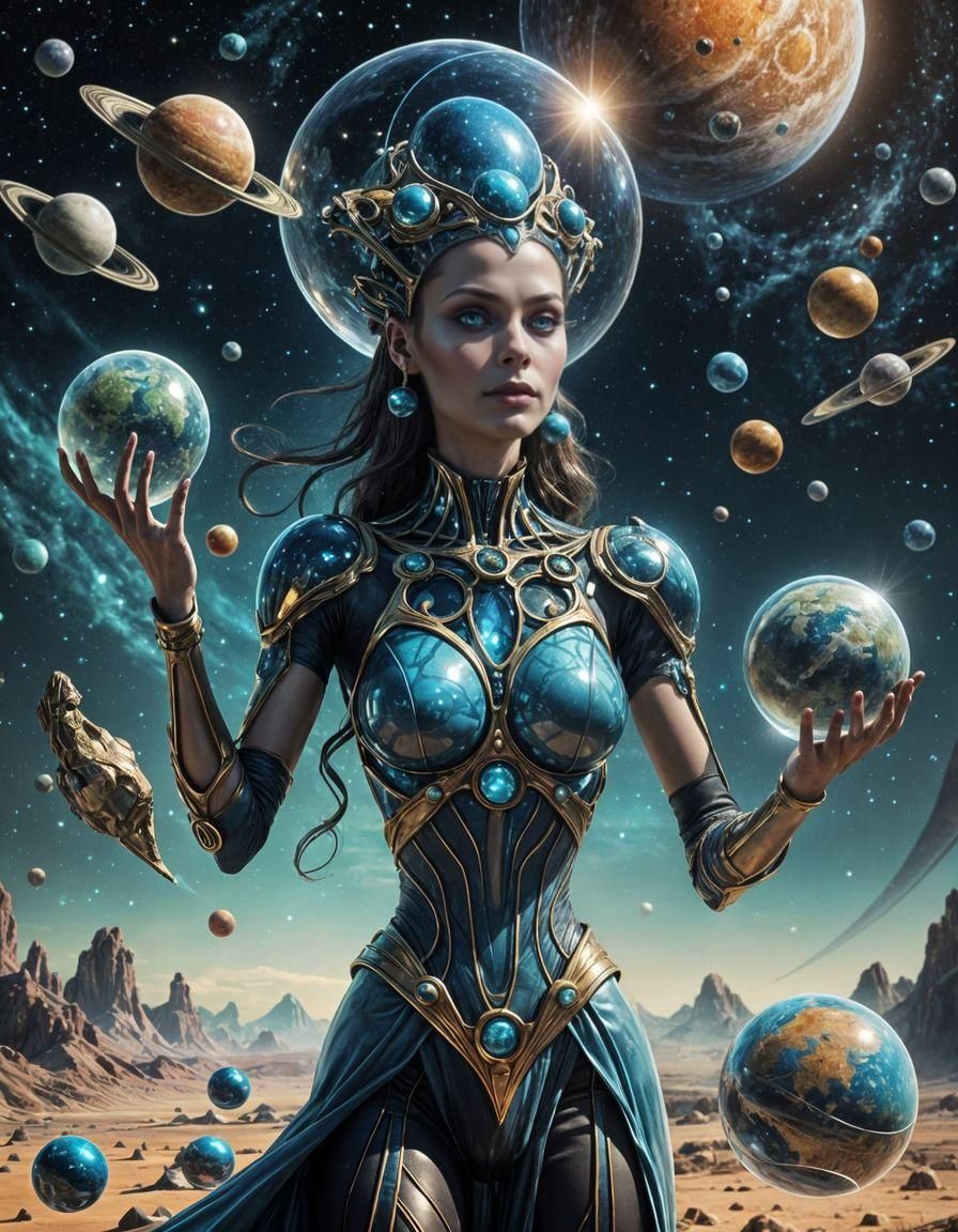 Glass Alien Woman Juggling Planets