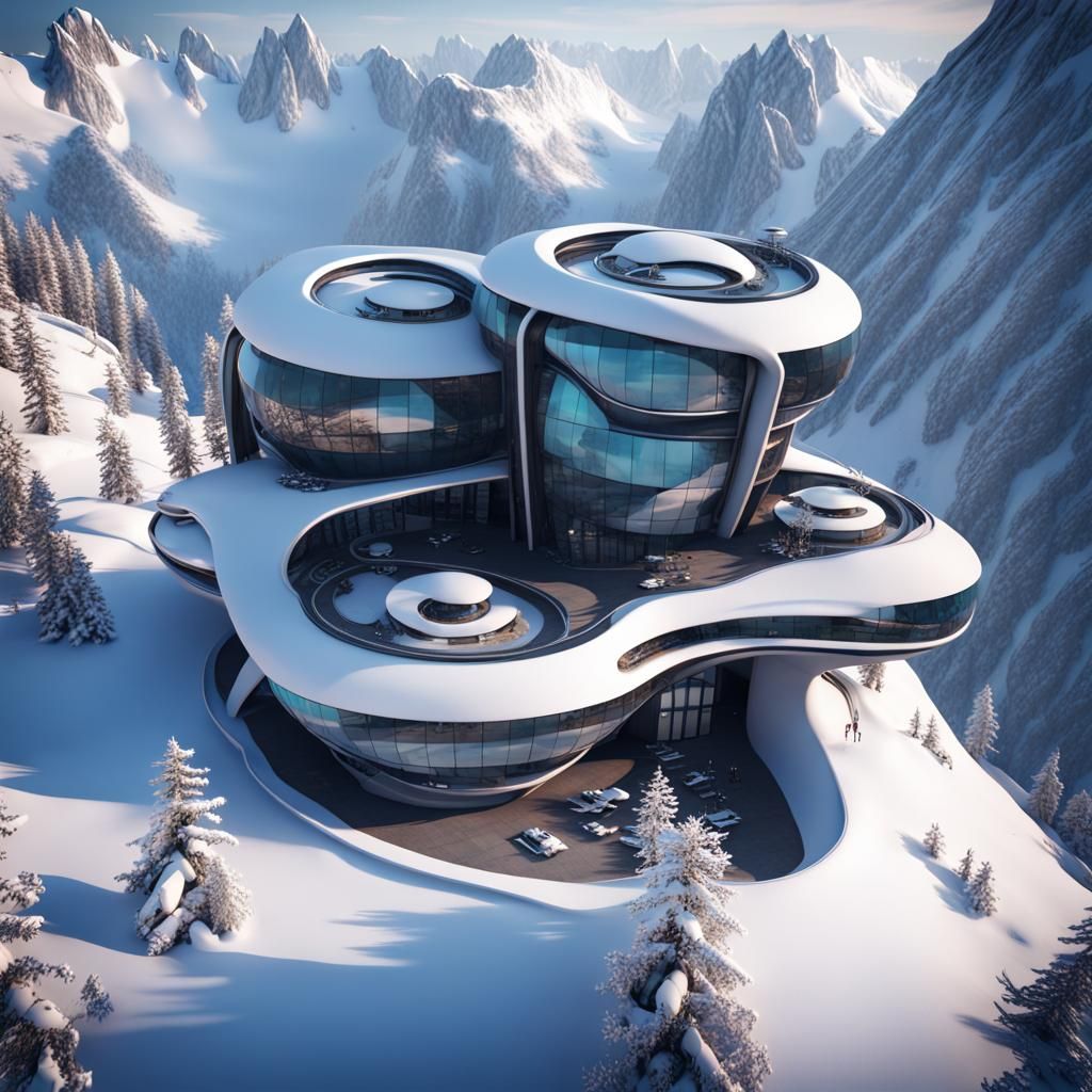 Futuristic Biomorphic Hotel on Snowy Mountain