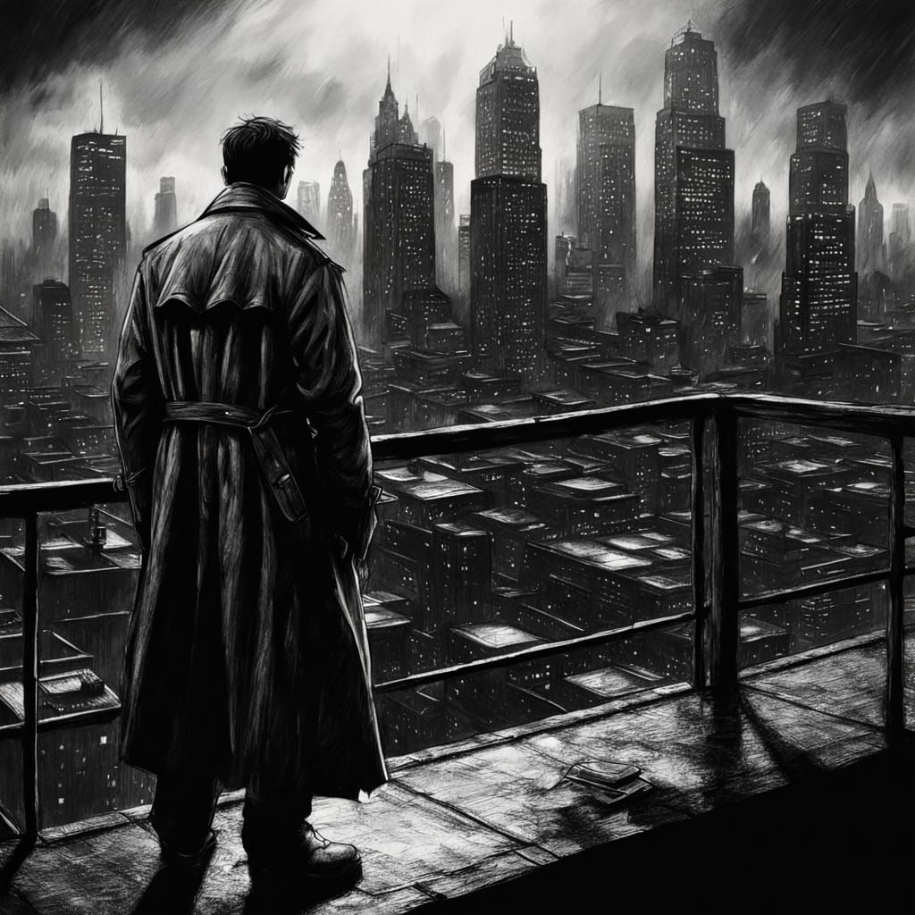 Lone Figure Overlooking Neon Metropolis in Charcoal Style