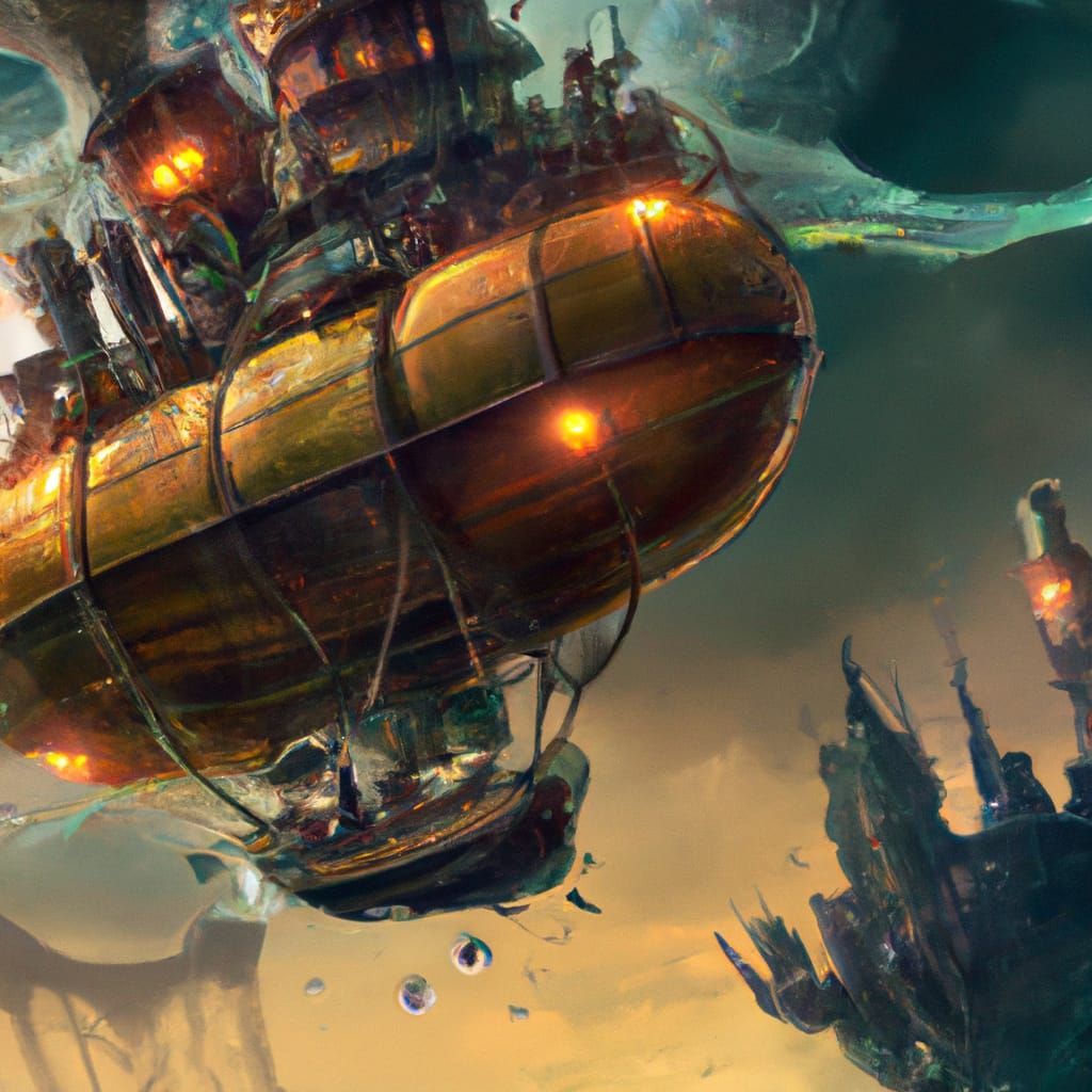 Steampunk Skyship Over Medieval City Digital Painting