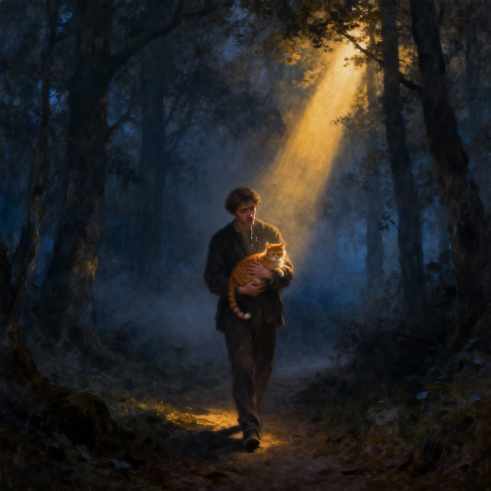 Man Crying in Dark Forest with Cat Under Ethereal Light