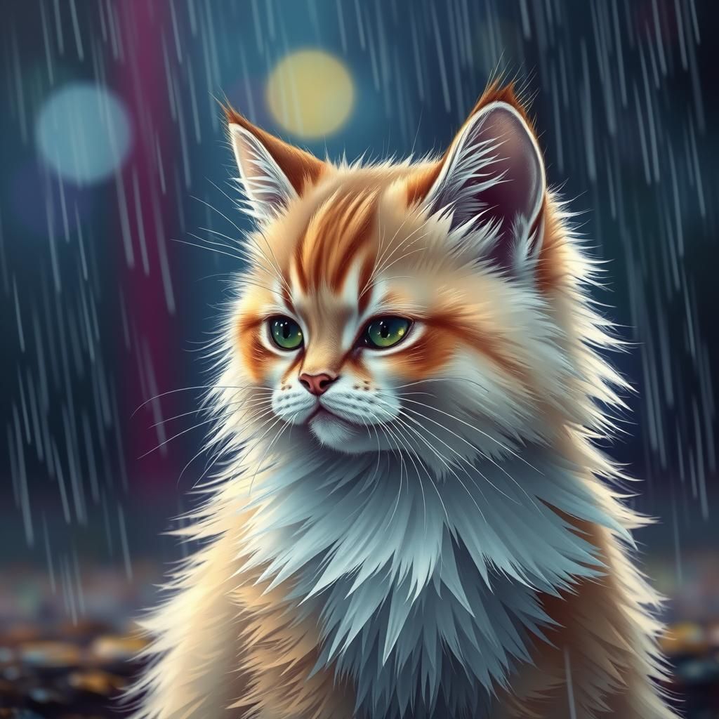 Sad Fluffy Cat in Rain: Hyperrealistic Splash Art