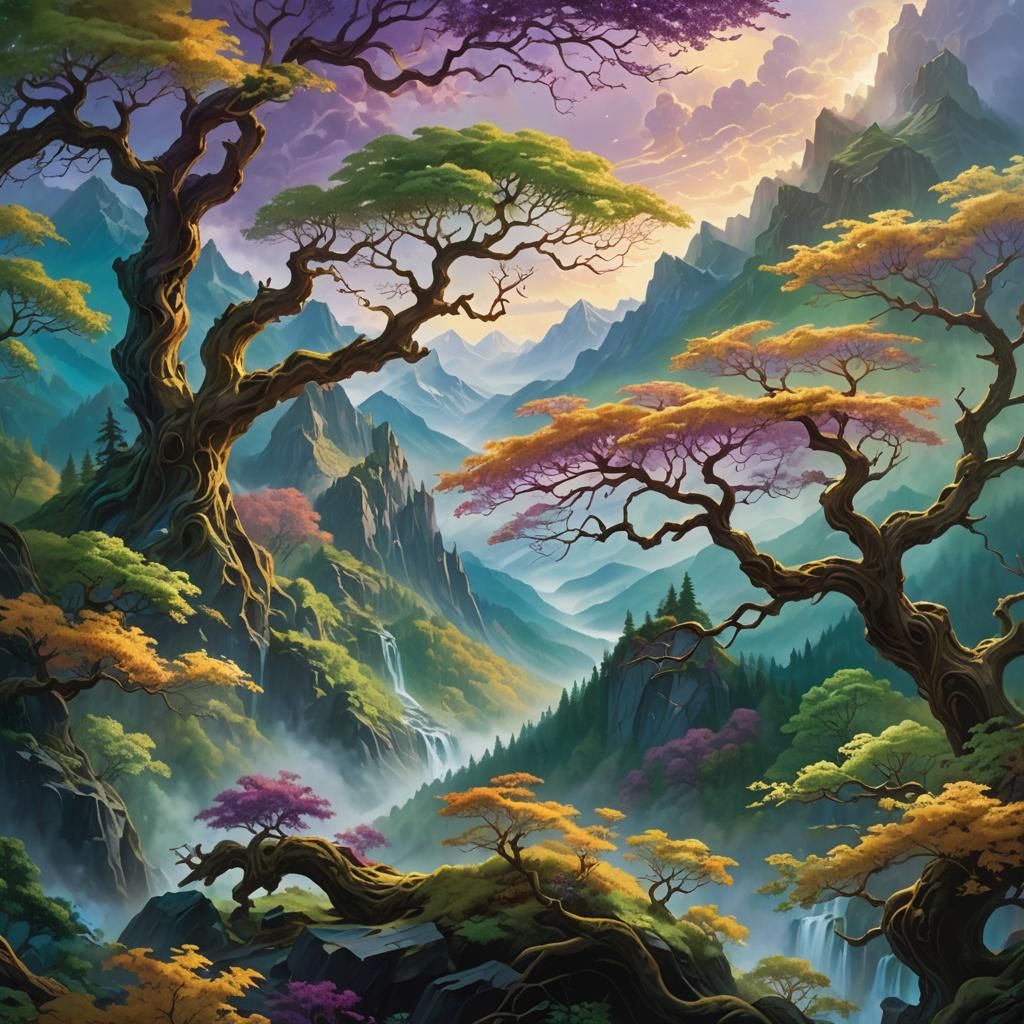 Ethereal Landscape Fusion: Mountains and Forests in Harmony