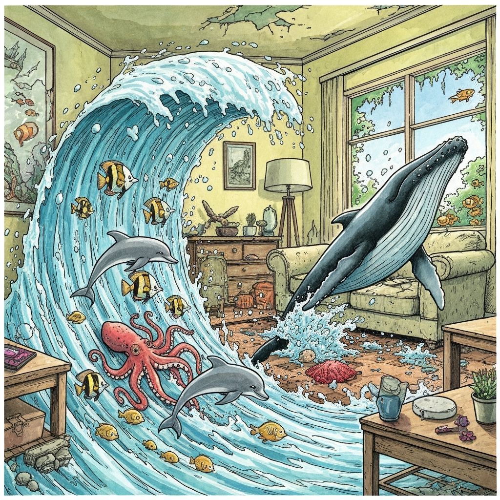 Giant Wave Submerges Living Room in Tintin Comic Style