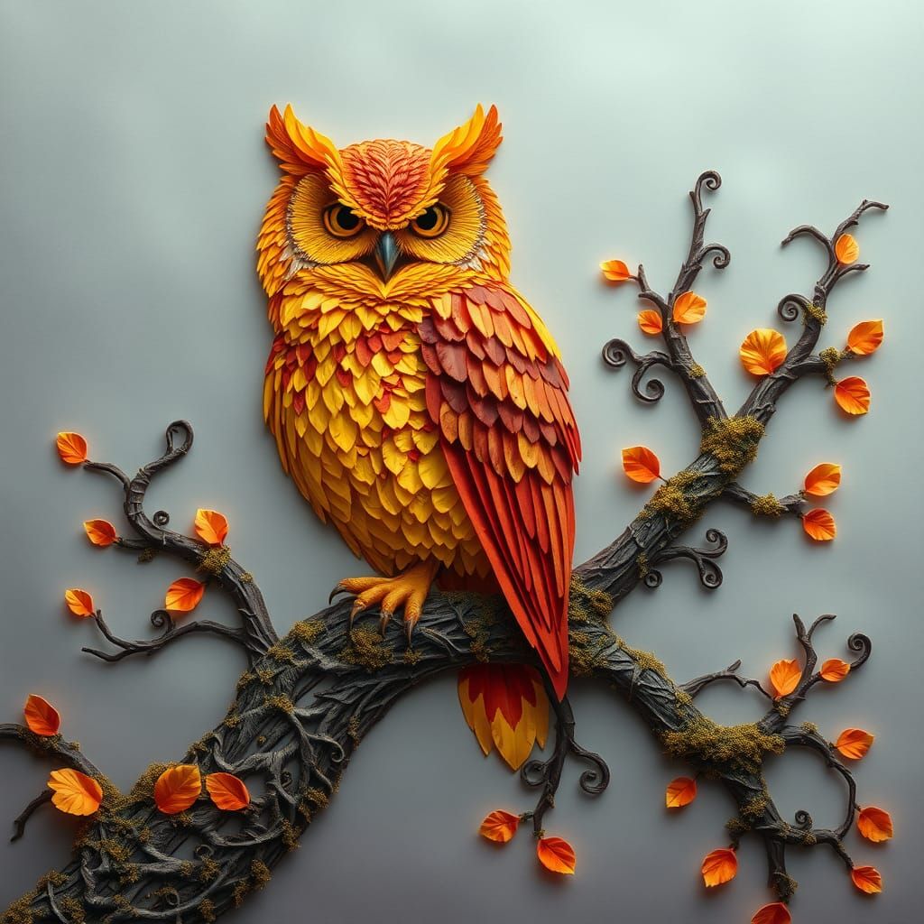 Autumn Owl Paper Art in Surreal Style