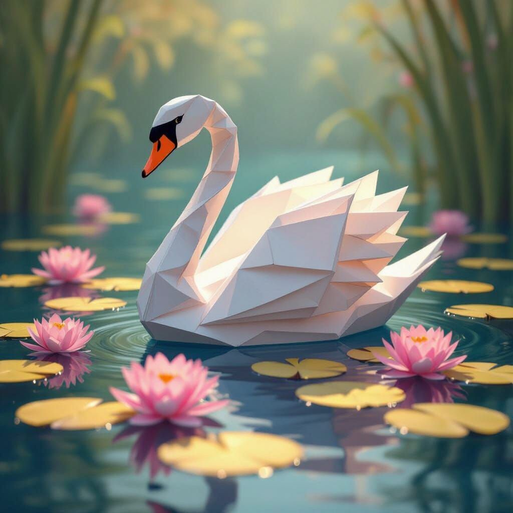 Luminescent Origami Swan Sculpture on Lily Pad Lake