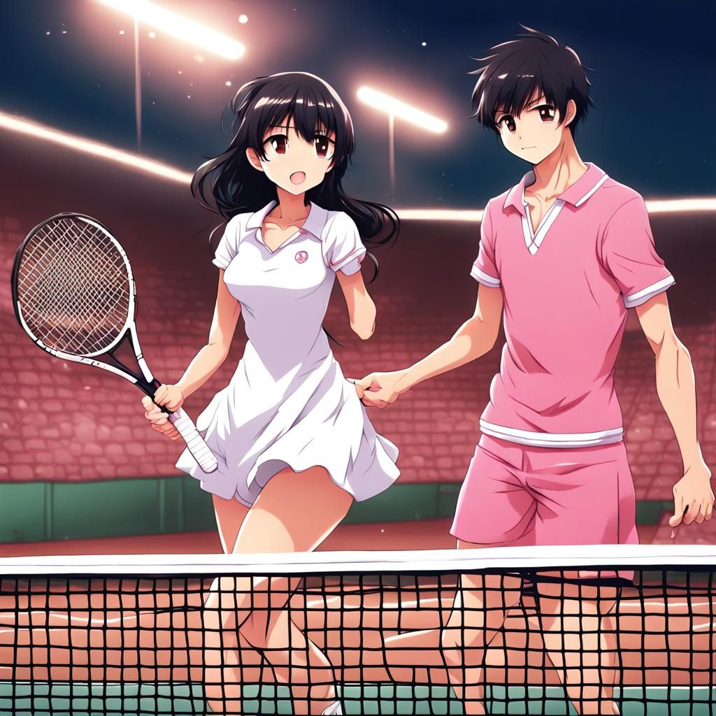 Anime Style Couple Playing Tennis