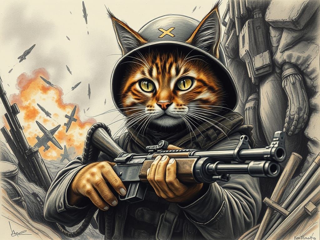 Tabby Cat Soldier in WWII Trench, Charcoal Sketch