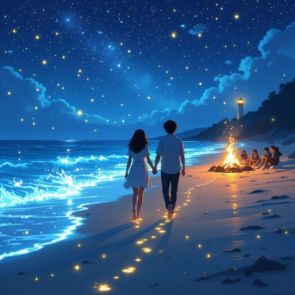 Bioluminescent Beach Bonfire Under Starry Sky