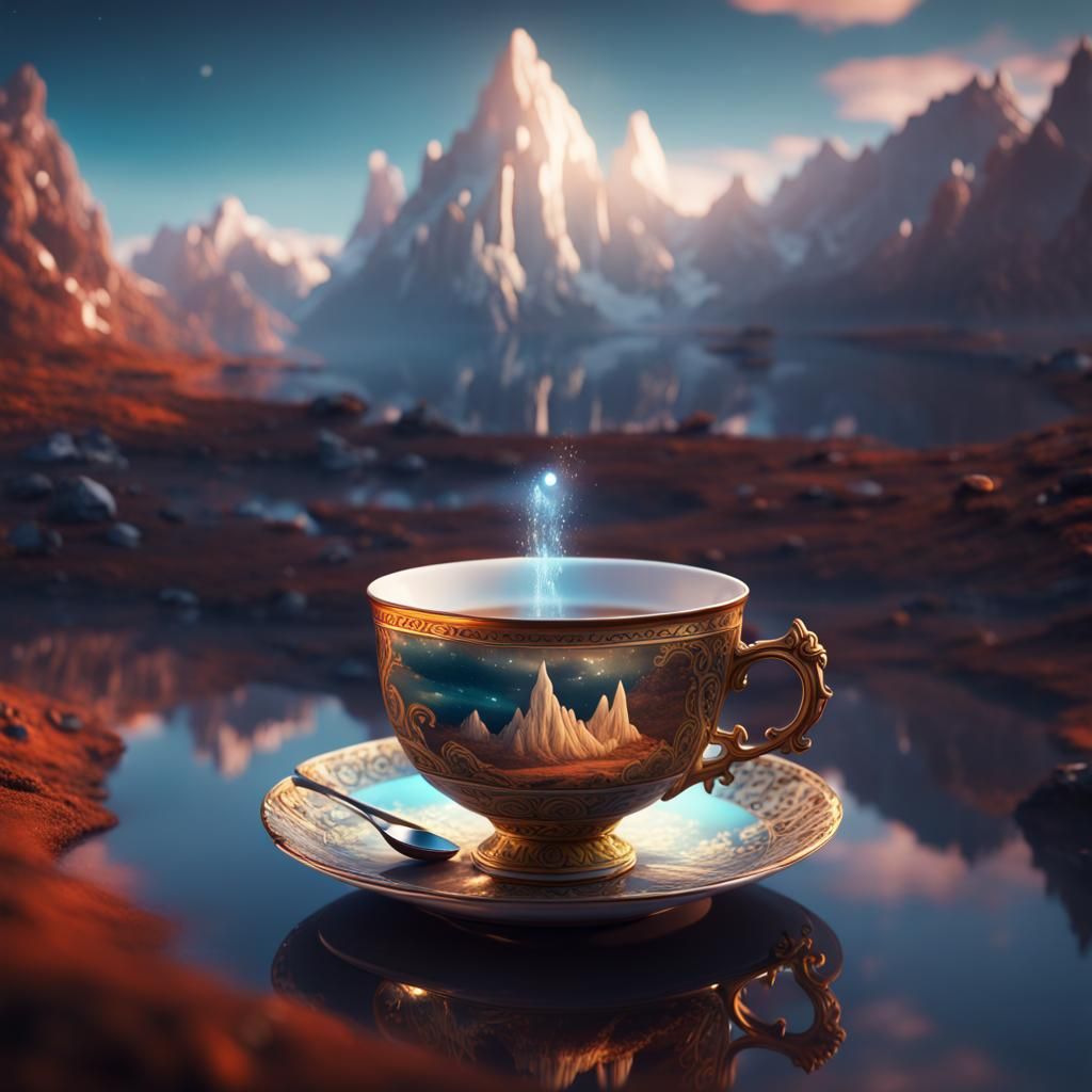 Mystical Teacup Reflecting Magical Mountains: Digital Art