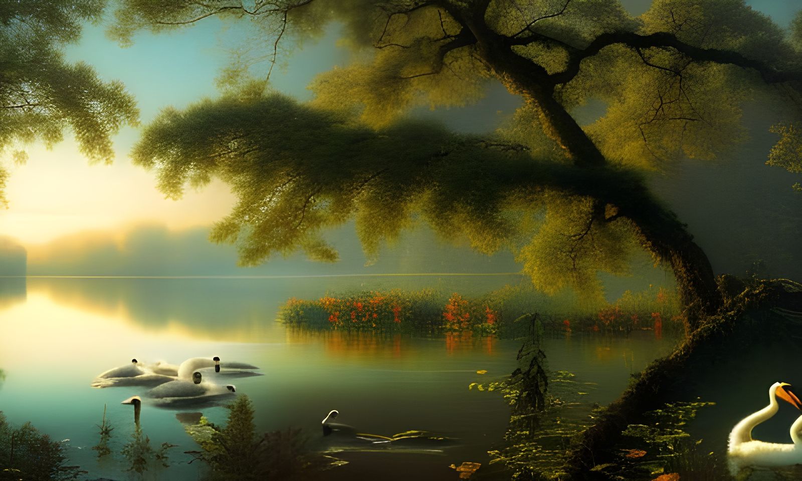 Tranquil Lake with Swans at Twilight