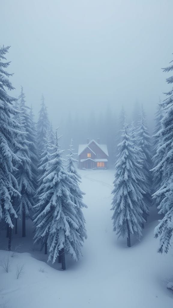 Whimsical Lilac Spruce Forest Scene in a Magical Snowy Lands...