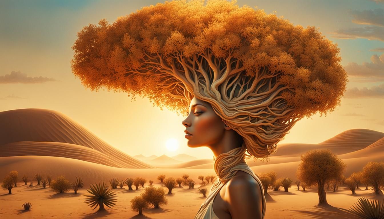 Surreal Desert Woman-Tree Silhouette in Golden Light