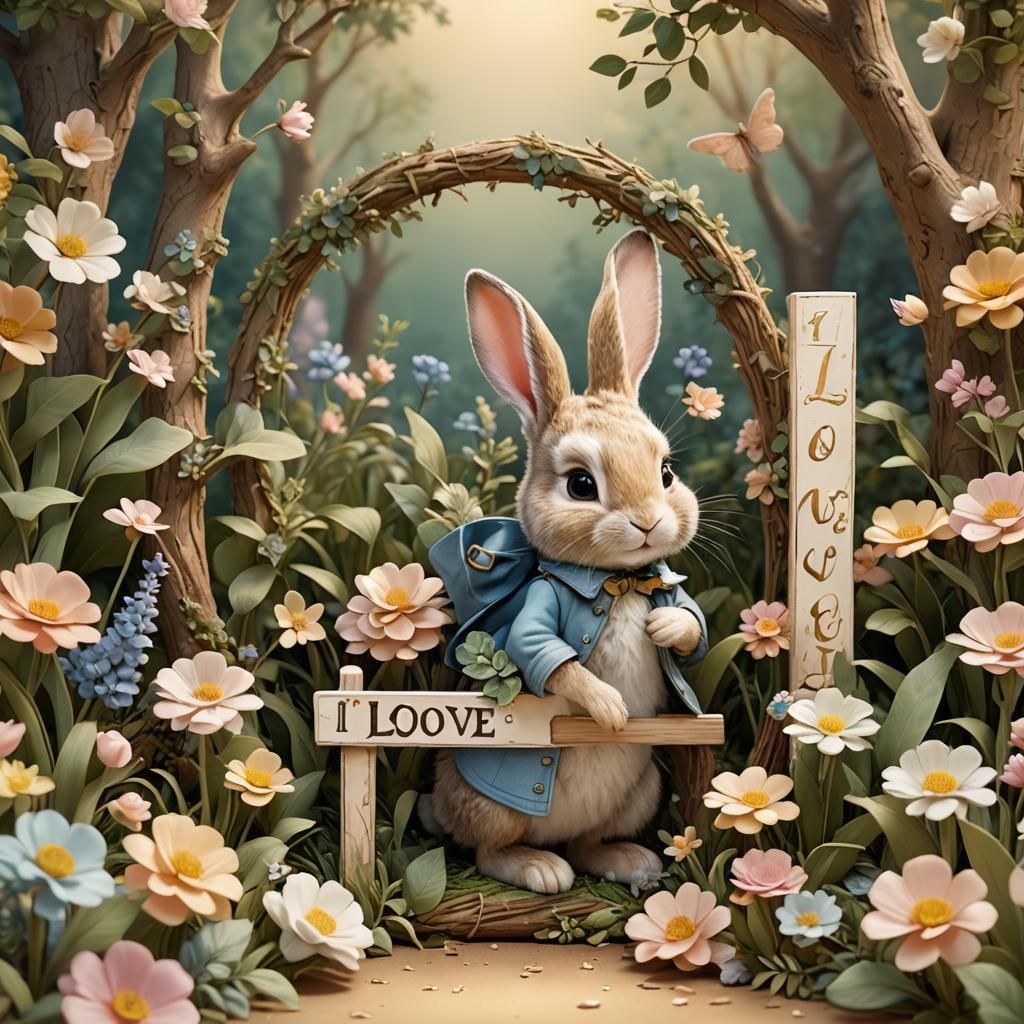Charming 3D Rabbit with I LOVE Sign