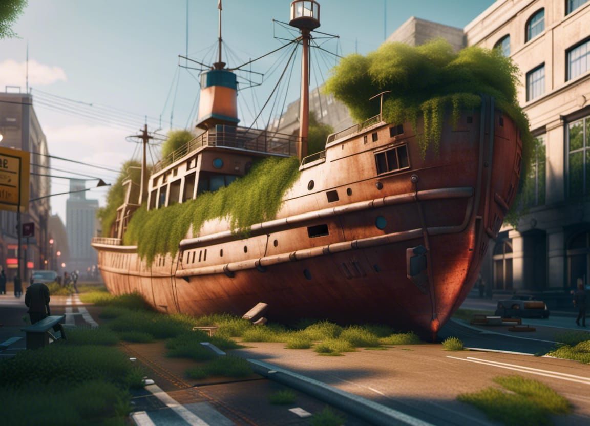 Shipwreck Overgrown in City Street: Detailed 8K Render