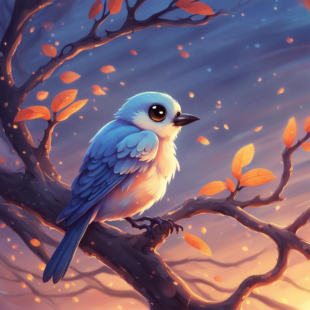 Sad-Eyed Bird on Branch, Disney-style Digital Art