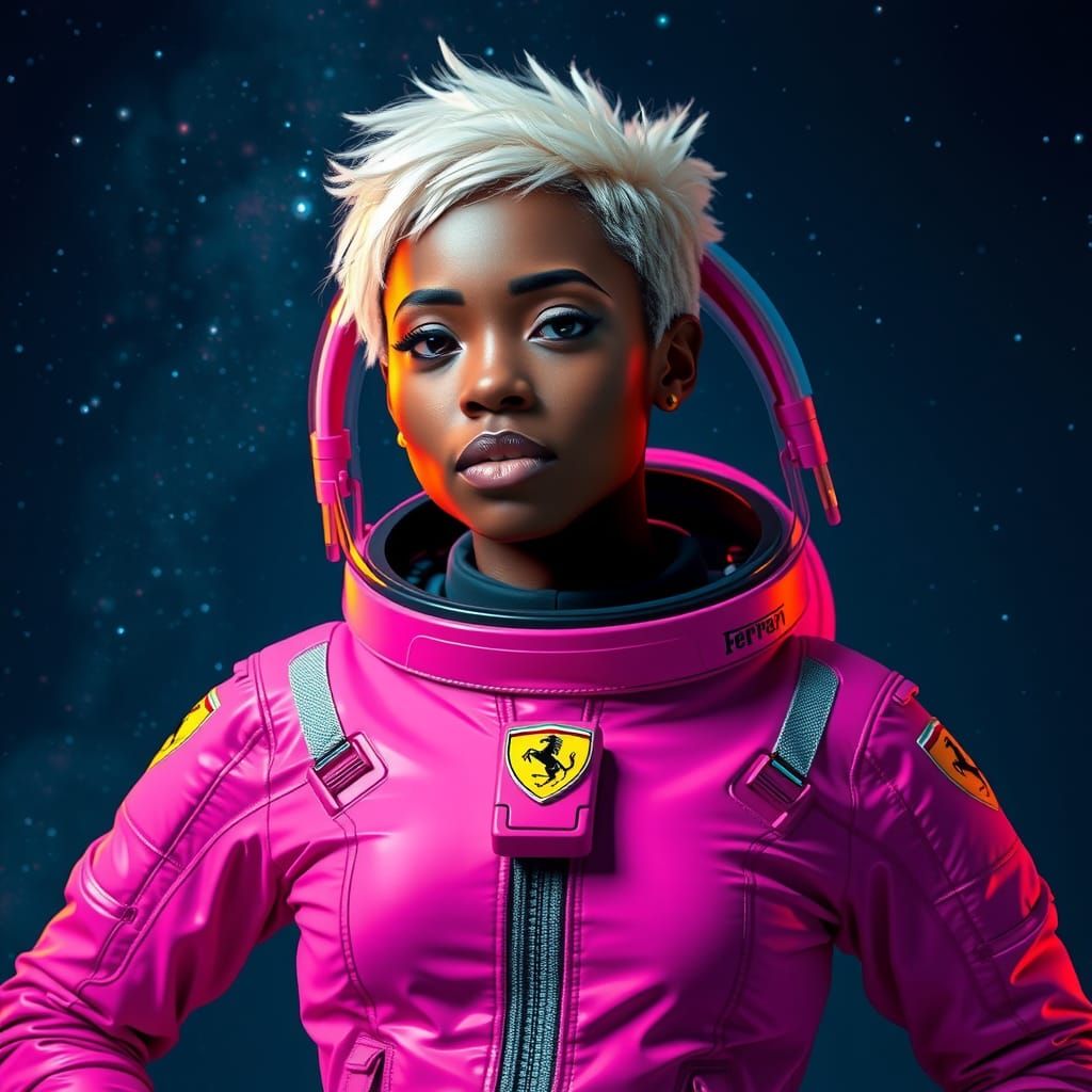 Woman in Ferrari Astronaut Suit in Sci-Fi Galaxy