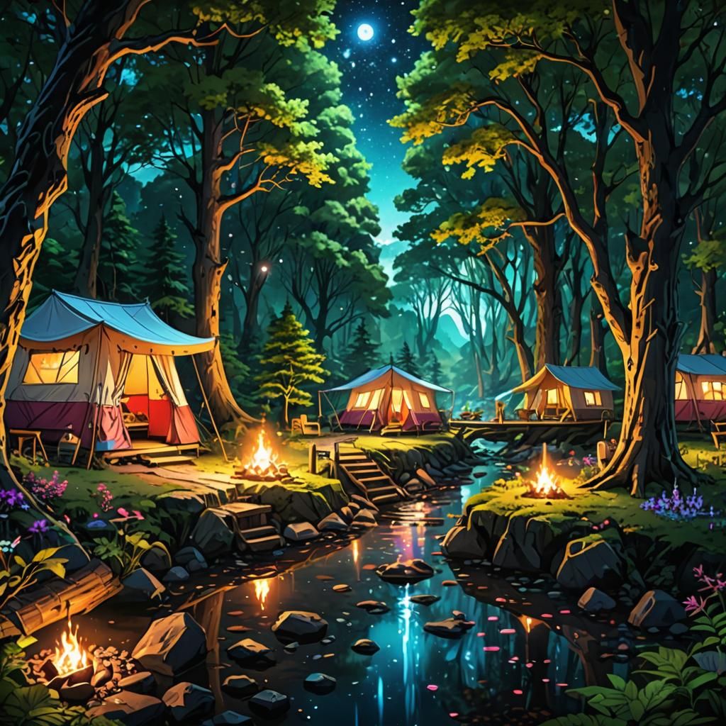 Cosmic Campground in Moonlit Woods: Fantasy Art