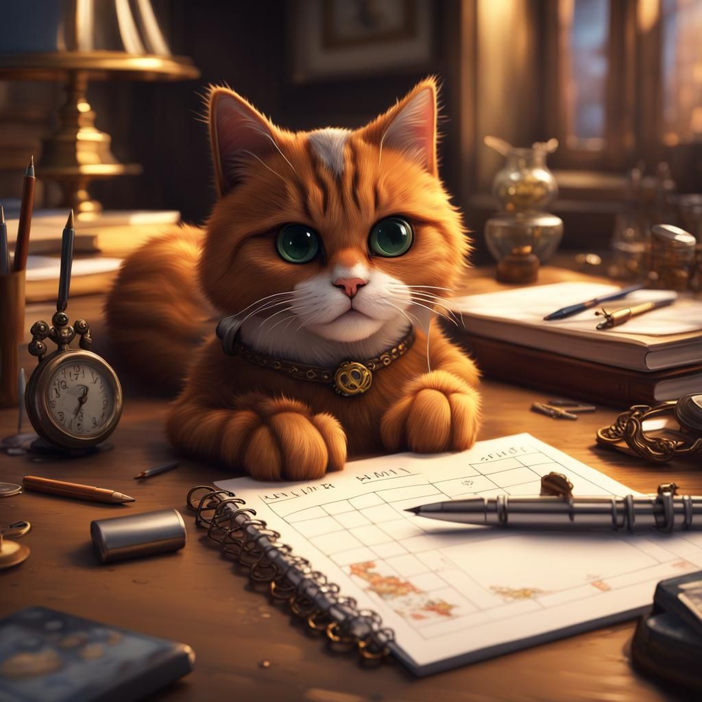 Detailed Desk Scene with Calico Cat, Digital Art