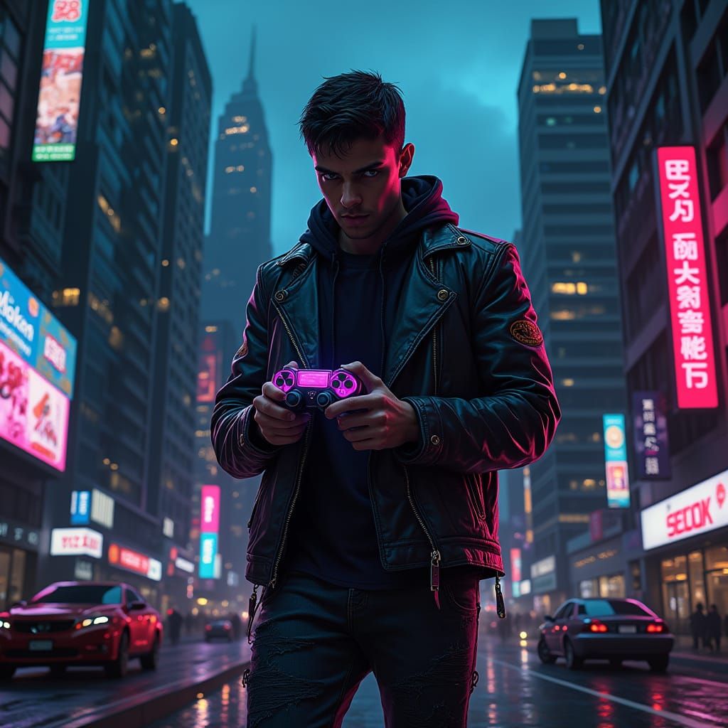 Cyberpunk Gamer in Dystopian Cityscape with Glowing Controll...