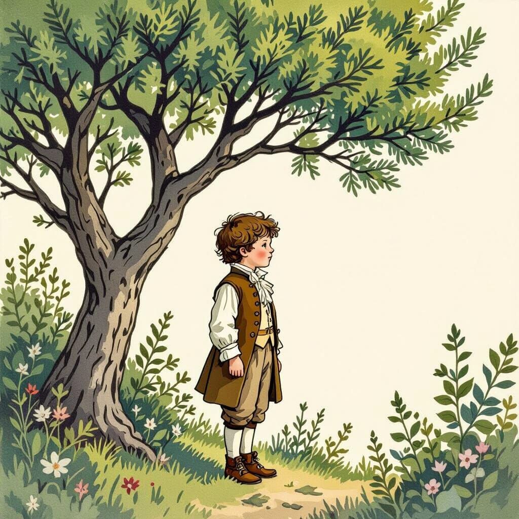 Boy Under Juniper Tree in Storybook Illustration Style