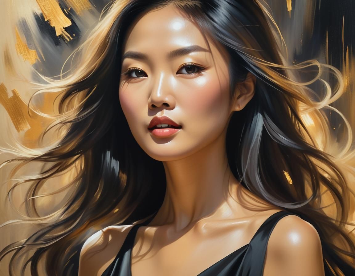 Beautiful Asian Woman in Post-Impressionist Oil Painting